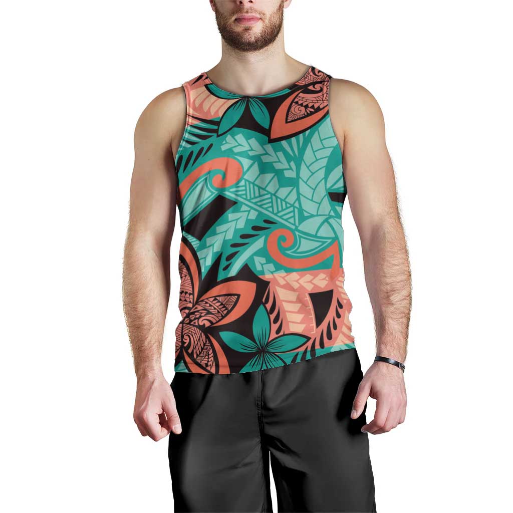 Plumeria Polynesian Pattern Men Tank Top Unique Fantasy Teal Orange