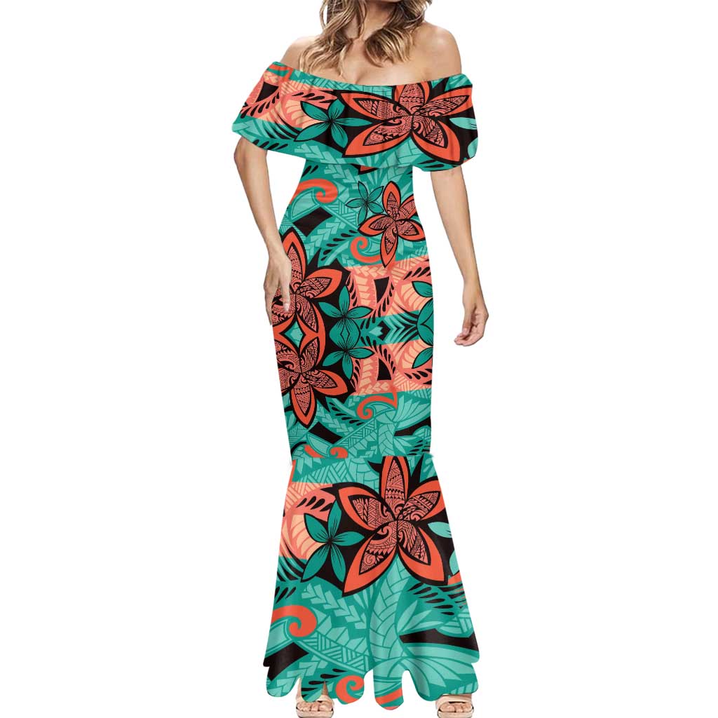 Plumeria Polynesian Pattern Mermaid Dress Unique Fantasy Teal Orange