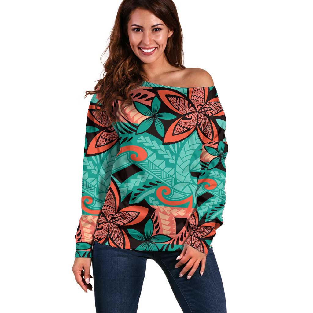Plumeria Polynesian Pattern Off Shoulder Sweater Unique Fantasy Teal Orange