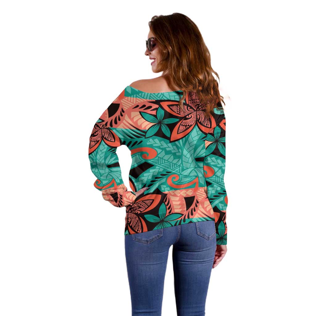 Plumeria Polynesian Pattern Off Shoulder Sweater Unique Fantasy Teal Orange