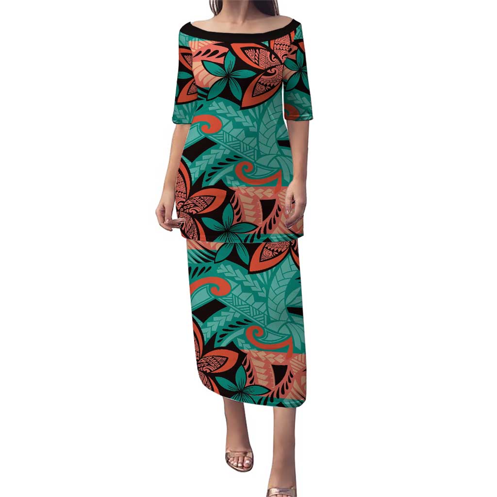 Plumeria Polynesian Pattern Puletasi Unique Fantasy Teal Orange