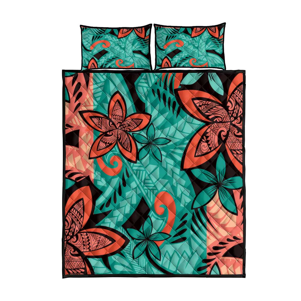 Plumeria Polynesian Pattern Quilt Bed Set Unique Fantasy Teal Orange
