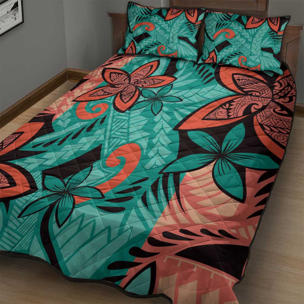 Plumeria Polynesian Pattern Quilt Bed Set Unique Fantasy Teal Orange