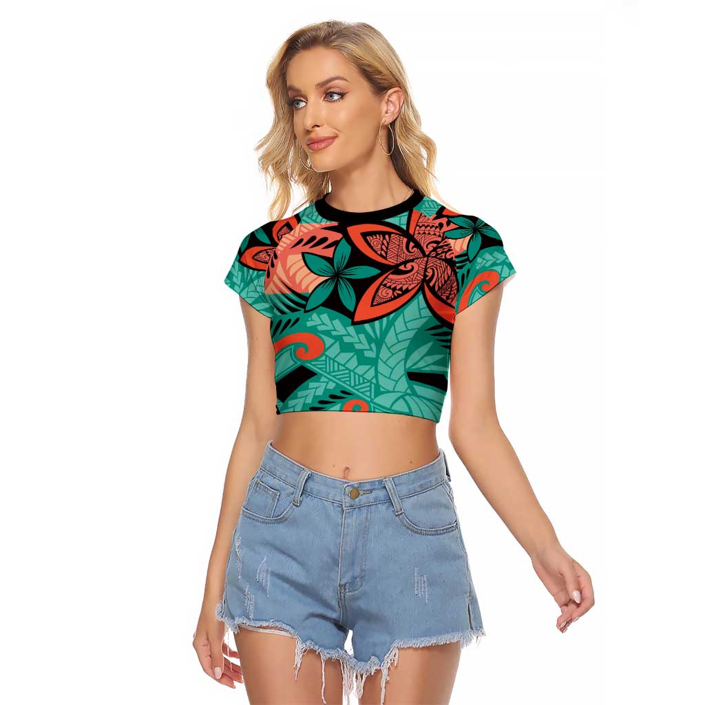 Plumeria Polynesian Pattern Raglan Cropped T Shirt Unique Fantasy Teal Orange