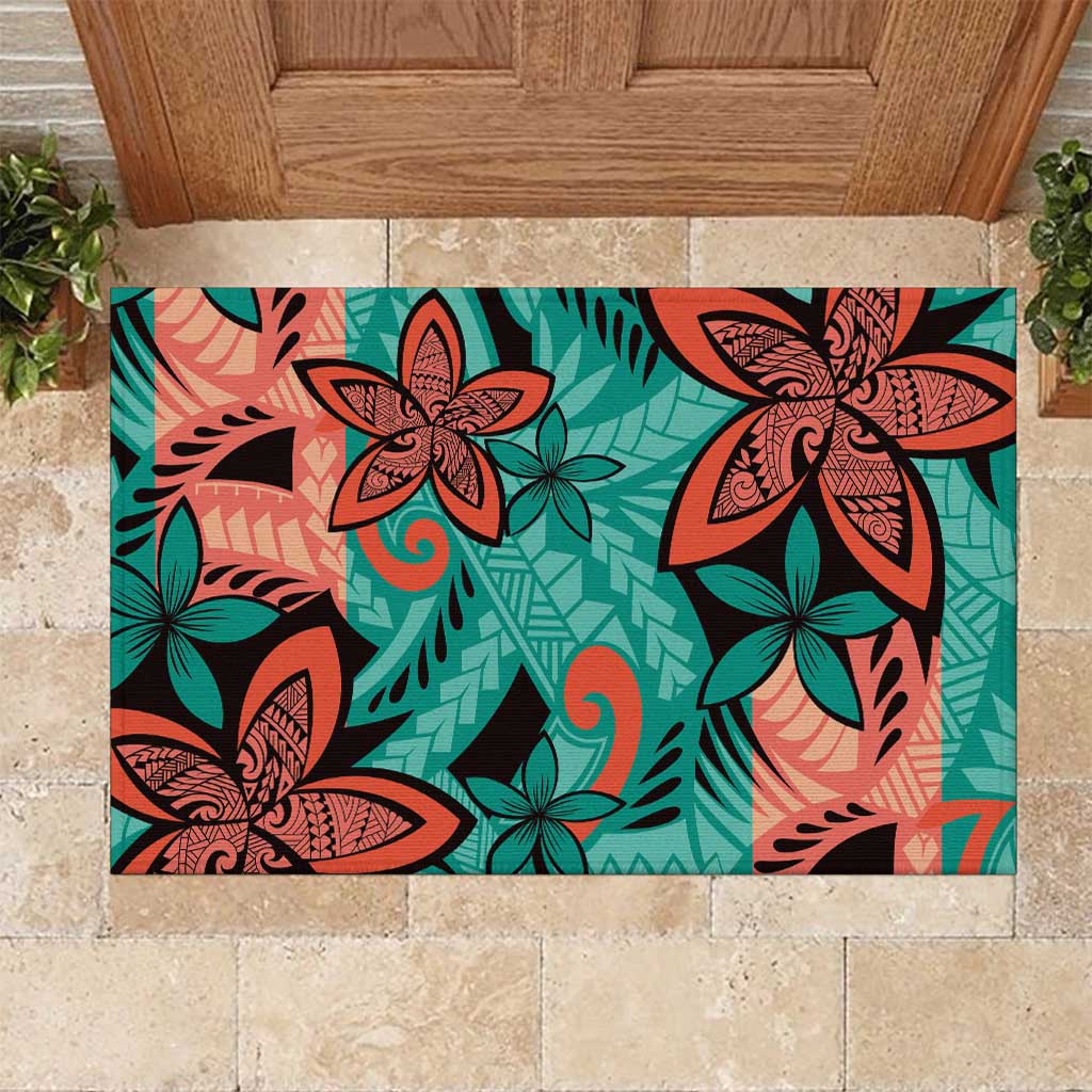 Plumeria Polynesian Pattern Rubber Doormat Unique Fantasy Teal Orange