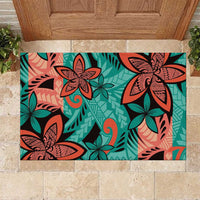 Plumeria Polynesian Pattern Rubber Doormat Unique Fantasy Teal Orange