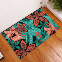 Plumeria Polynesian Pattern Rubber Doormat Unique Fantasy Teal Orange