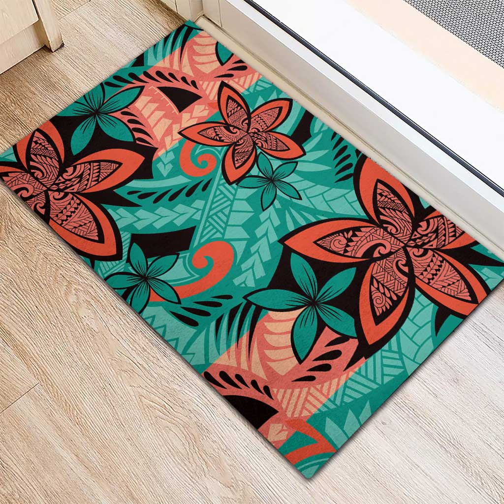 Plumeria Polynesian Pattern Rubber Doormat Unique Fantasy Teal Orange