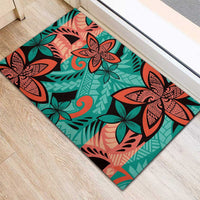 Plumeria Polynesian Pattern Rubber Doormat Unique Fantasy Teal Orange