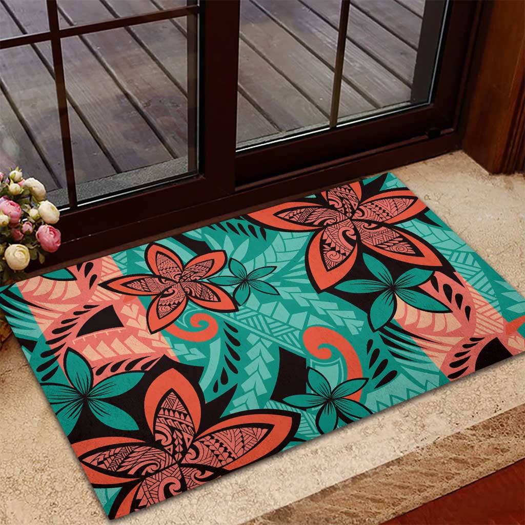 Plumeria Polynesian Pattern Rubber Doormat Unique Fantasy Teal Orange