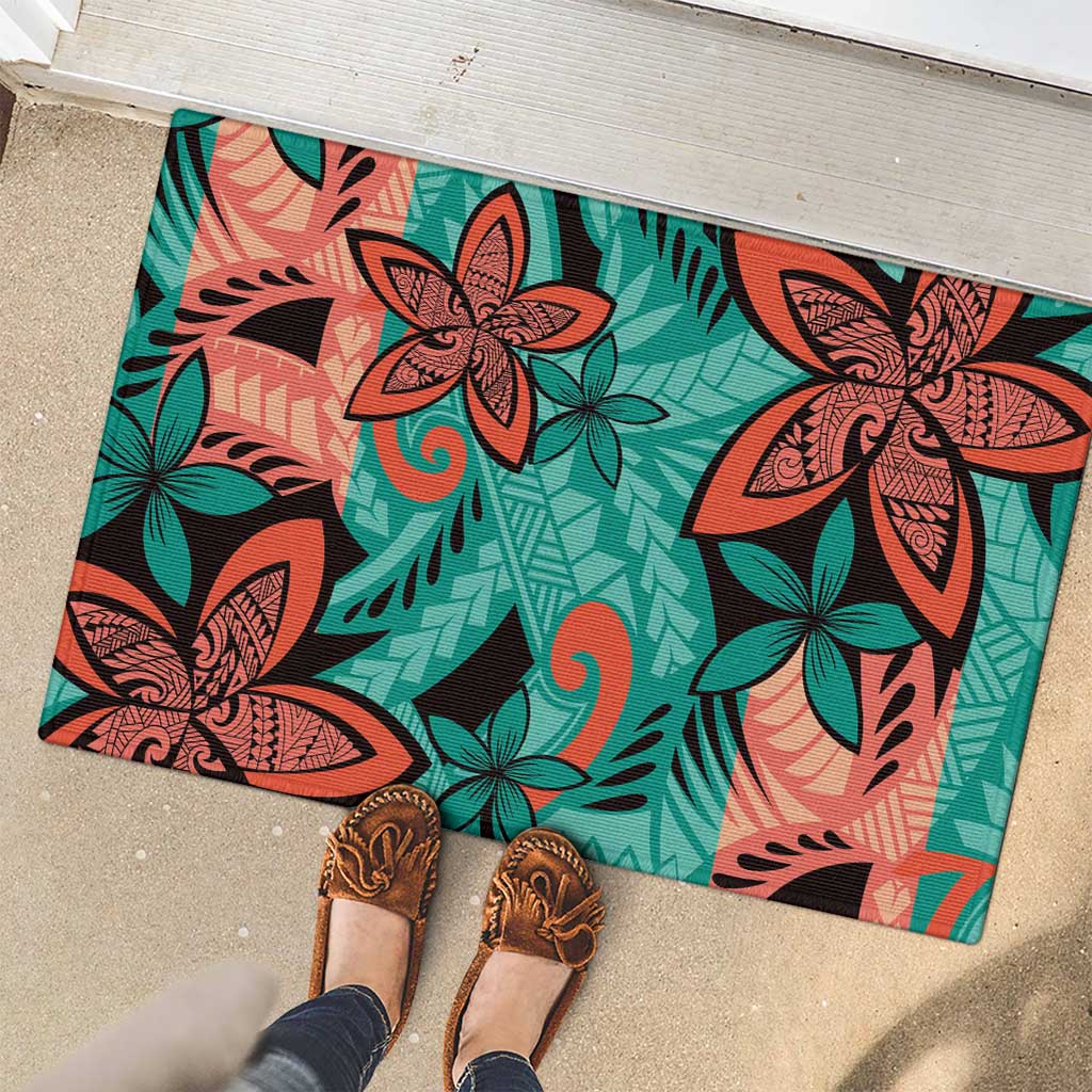 Plumeria Polynesian Pattern Rubber Doormat Unique Fantasy Teal Orange