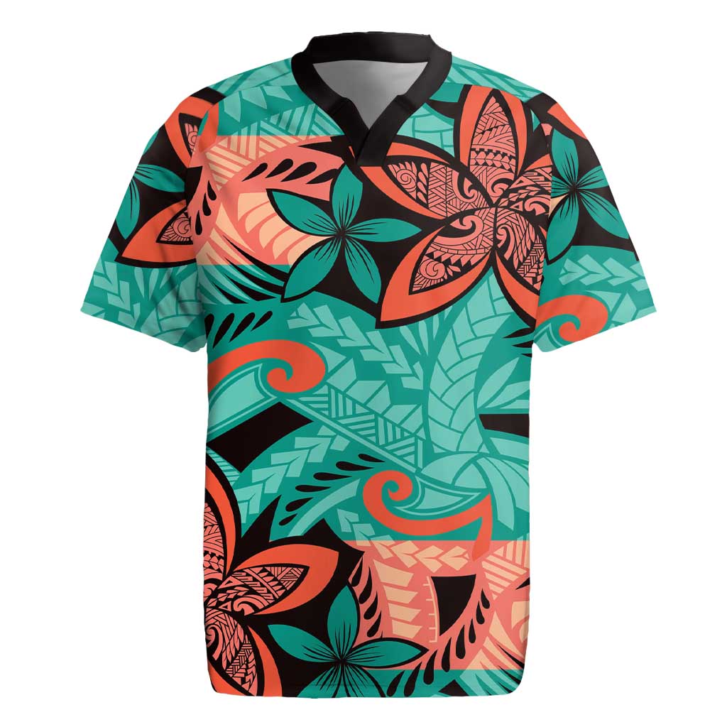 Plumeria Polynesian Pattern Rugby Jersey Unique Fantasy Teal Orange