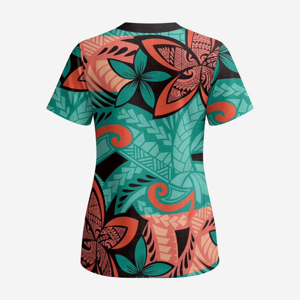 Plumeria Polynesian Pattern Scrub Top Unique Fantasy Teal Orange - Polynesian Pride