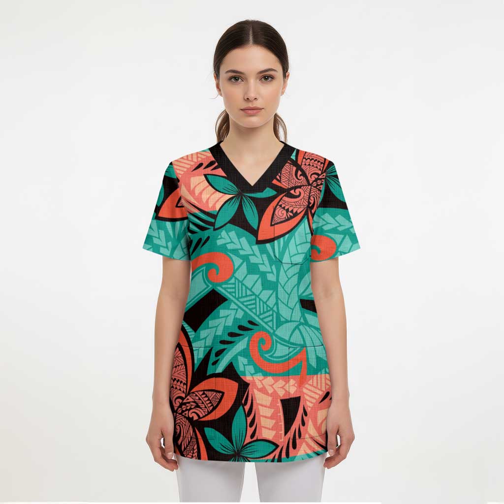 Plumeria Polynesian Pattern Scrub Top Unique Fantasy Teal Orange - Polynesian Pride