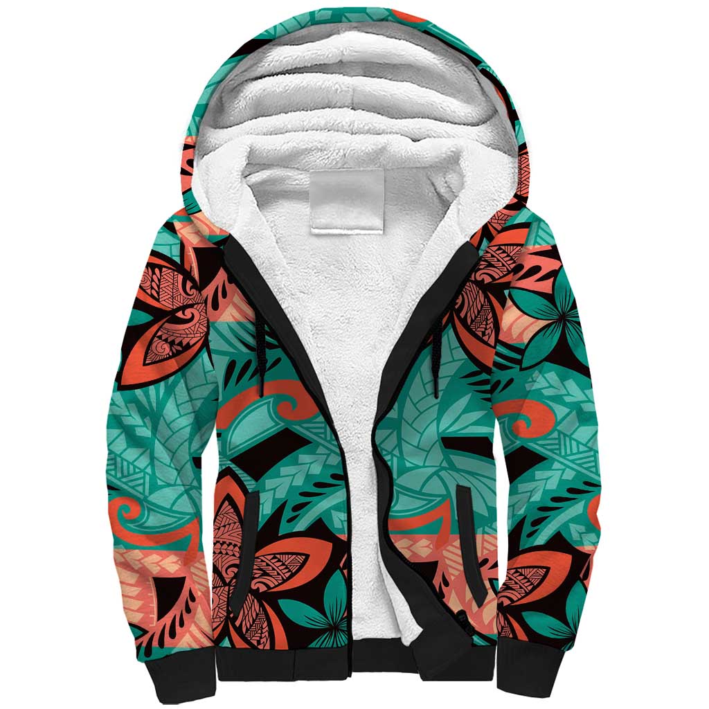 Plumeria Polynesian Pattern Sherpa Hoodie Unique Fantasy Teal Orange