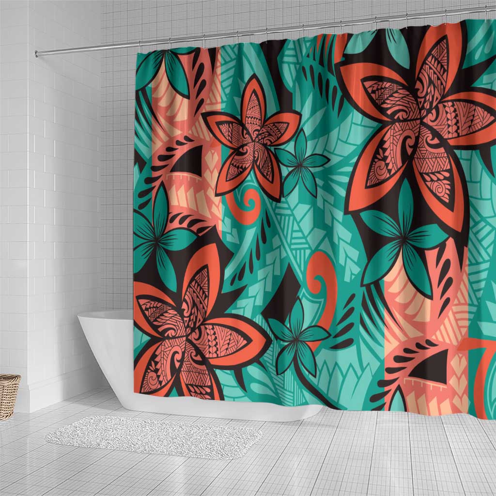 Plumeria Polynesian Pattern Shower Curtain Unique Fantasy Teal Orange