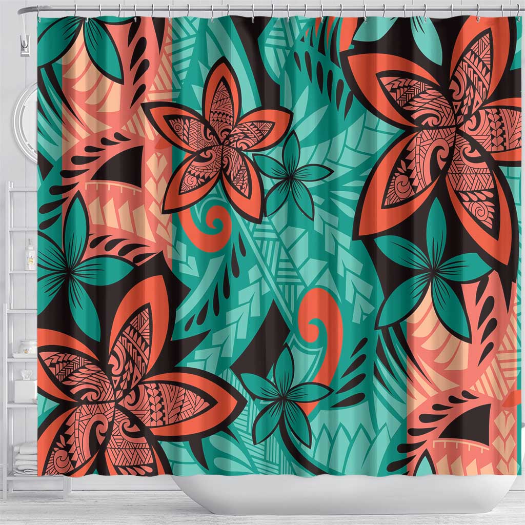 Plumeria Polynesian Pattern Shower Curtain Unique Fantasy Teal Orange