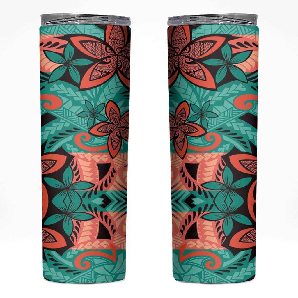 Plumeria Polynesian Pattern Skinny Tumbler Unique Fantasy Teal Orange LT01 Teal - Polynesian Pride