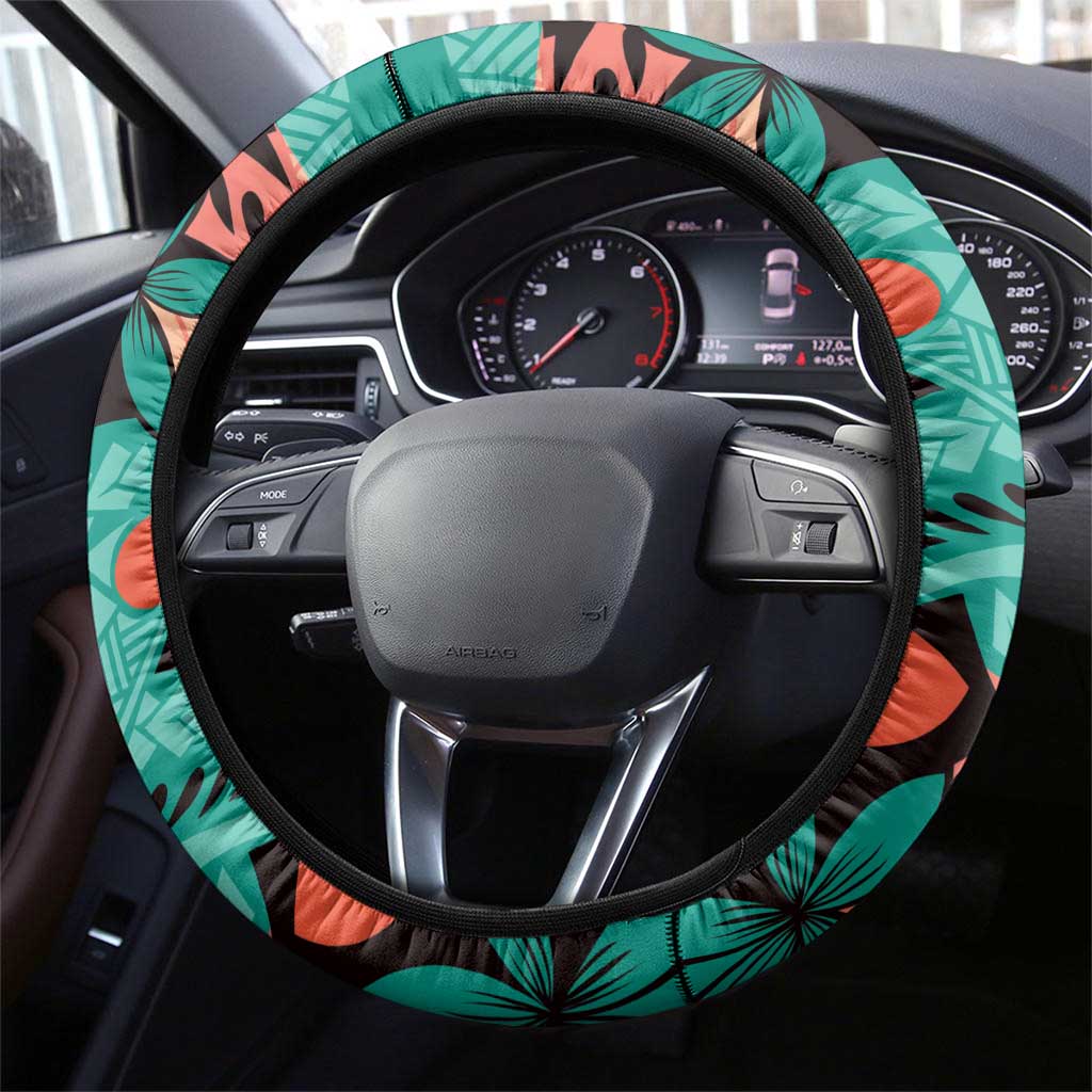 Plumeria Polynesian Pattern Steering Wheel Cover Unique Fantasy Teal Orange