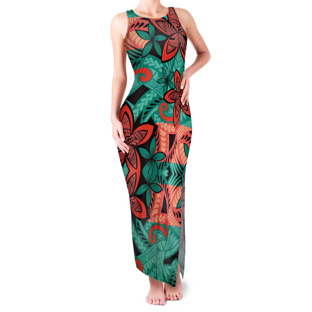 Plumeria Polynesian Pattern Tank Maxi Dress Unique Fantasy Teal Orange