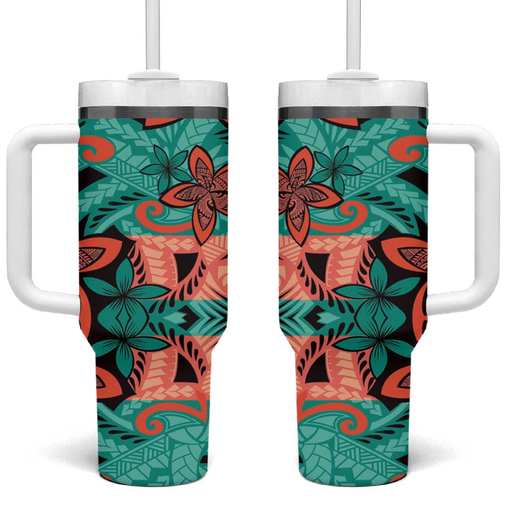 Plumeria Polynesian Pattern Tumbler With Handle Unique Fantasy Teal Orange LT01 One Size: 40 oz Teal - Polynesian Pride