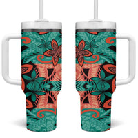 Plumeria Polynesian Pattern Tumbler With Handle Unique Fantasy Teal Orange LT01 One Size: 40 oz Teal - Polynesian Pride