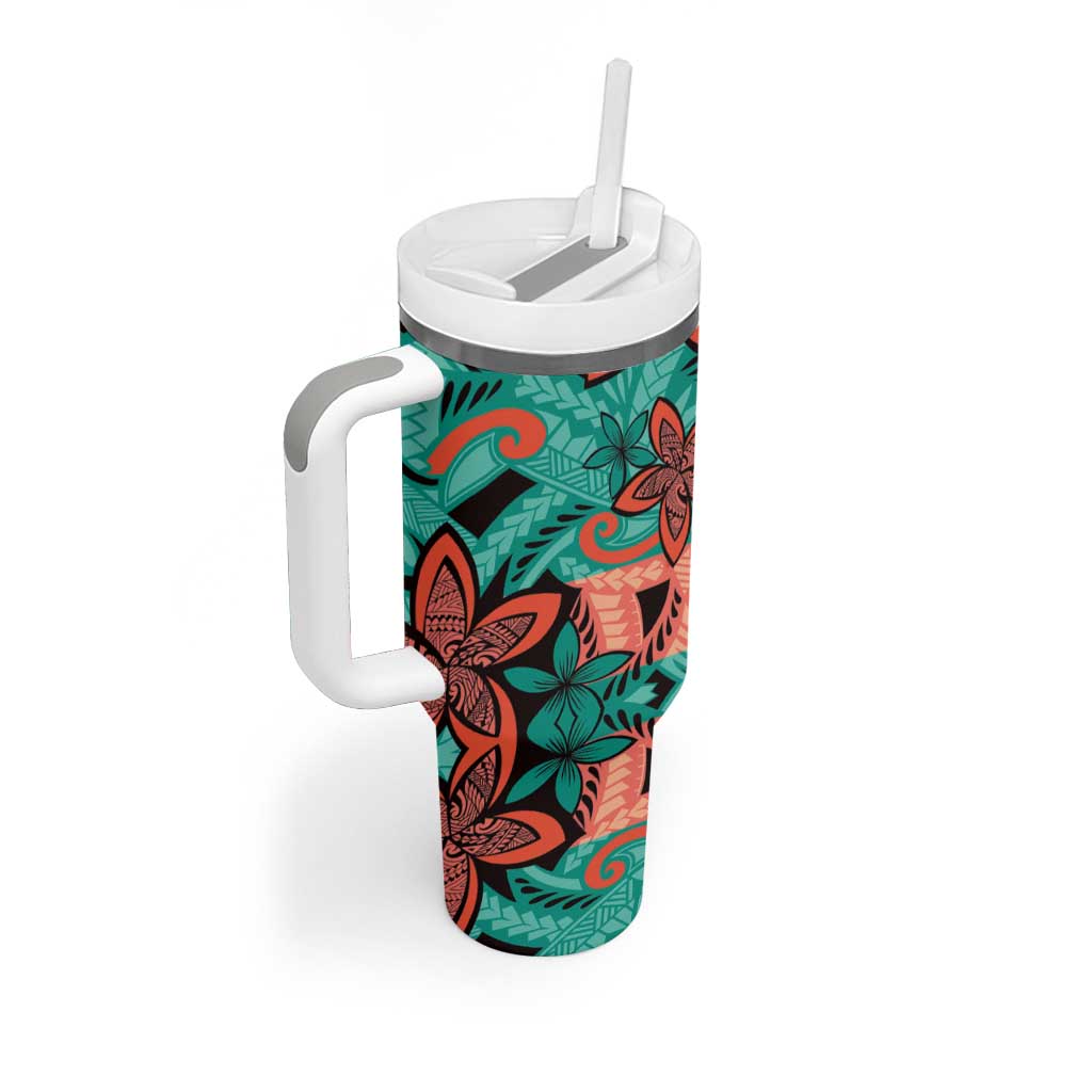 Plumeria Polynesian Pattern Tumbler With Handle Unique Fantasy Teal Orange LT01 - Polynesian Pride