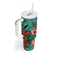 Plumeria Polynesian Pattern Tumbler With Handle Unique Fantasy Teal Orange LT01 - Polynesian Pride