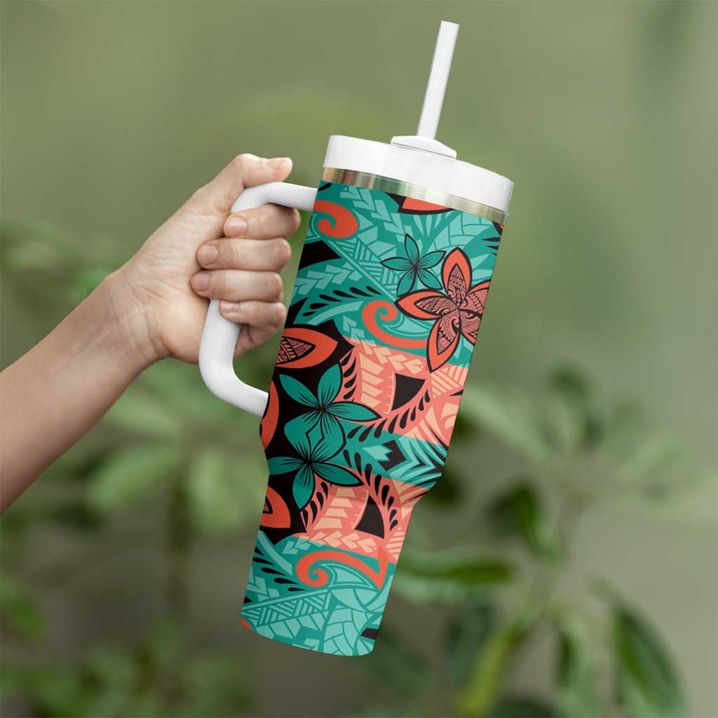 Plumeria Polynesian Pattern Tumbler With Handle Unique Fantasy Teal Orange LT01 - Polynesian Pride