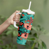 Plumeria Polynesian Pattern Tumbler With Handle Unique Fantasy Teal Orange LT01 - Polynesian Pride