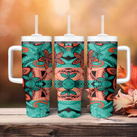 Plumeria Polynesian Pattern Tumbler With Handle Unique Fantasy Teal Orange LT01 - Polynesian Pride