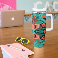 Plumeria Polynesian Pattern Tumbler With Handle Unique Fantasy Teal Orange LT01 - Polynesian Pride