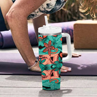Plumeria Polynesian Pattern Tumbler With Handle Unique Fantasy Teal Orange LT01 - Polynesian Pride