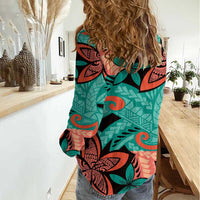 Plumeria Polynesian Pattern Women Casual Shirt Unique Fantasy Teal Orange