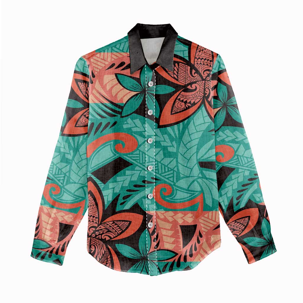 Plumeria Polynesian Pattern Women Casual Shirt Unique Fantasy Teal Orange