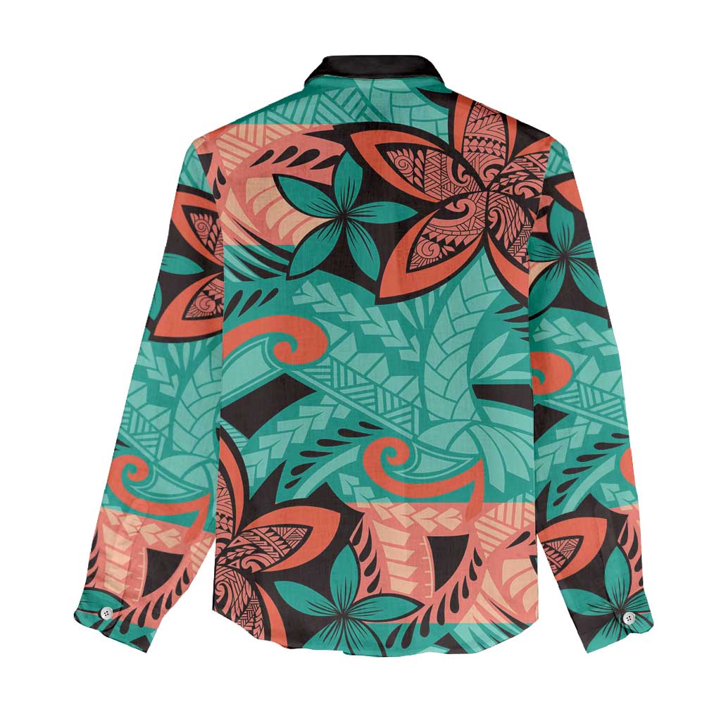 Plumeria Polynesian Pattern Women Casual Shirt Unique Fantasy Teal Orange