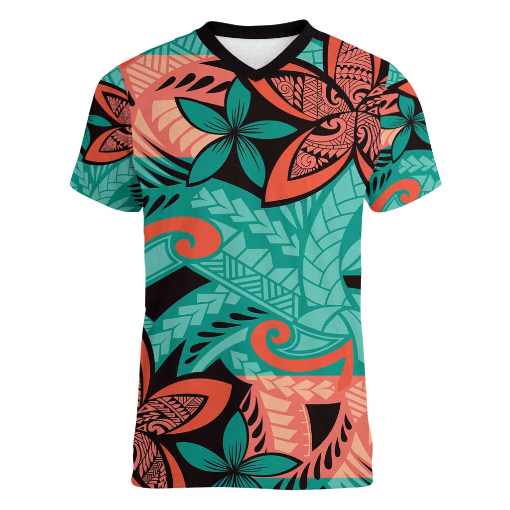 Plumeria Polynesian Pattern Women V-Neck T-Shirt Unique Fantasy Teal Orange LT01 Female Teal - Polynesian Pride