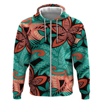 Plumeria Polynesian Pattern Zip Hoodie Unique Fantasy Teal Orange