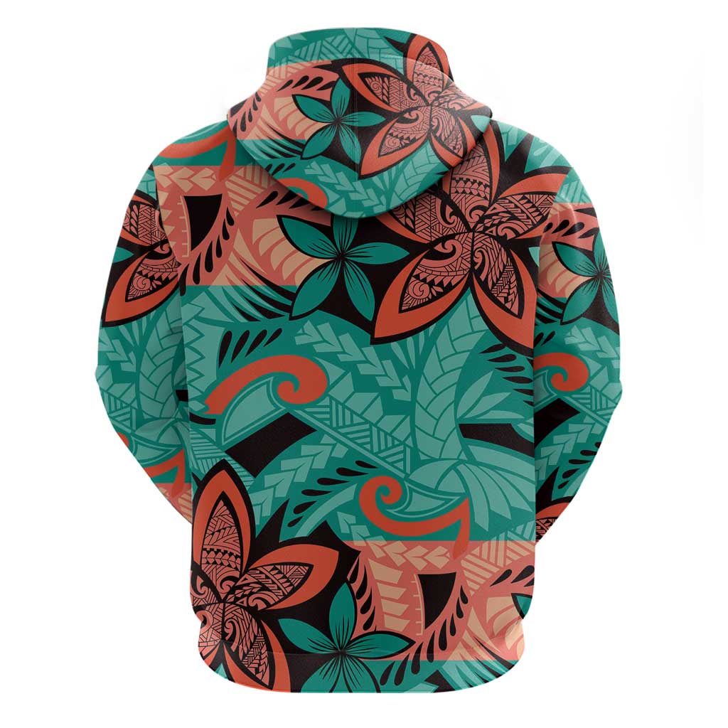 Plumeria Polynesian Pattern Zip Hoodie Unique Fantasy Teal Orange