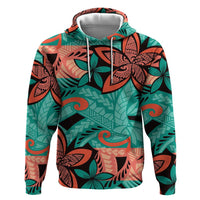 Plumeria Polynesian Pattern Zip Hoodie Unique Fantasy Teal Orange