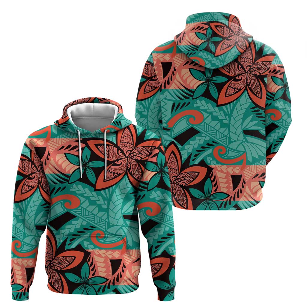 Plumeria Polynesian Pattern Zip Hoodie Unique Fantasy Teal Orange
