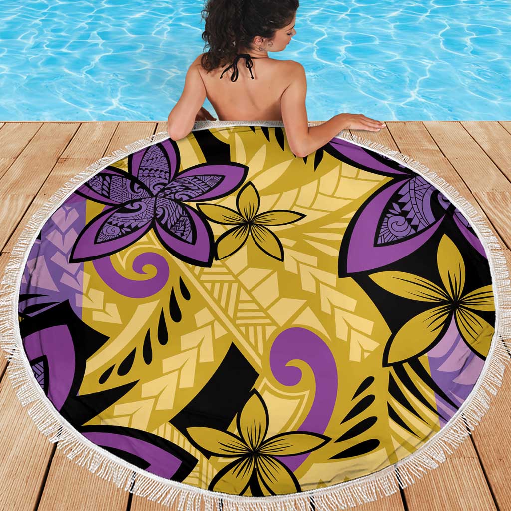 Plumeria Polynesian Pattern Beach Blanket Unique Fantasy Yellow Purple