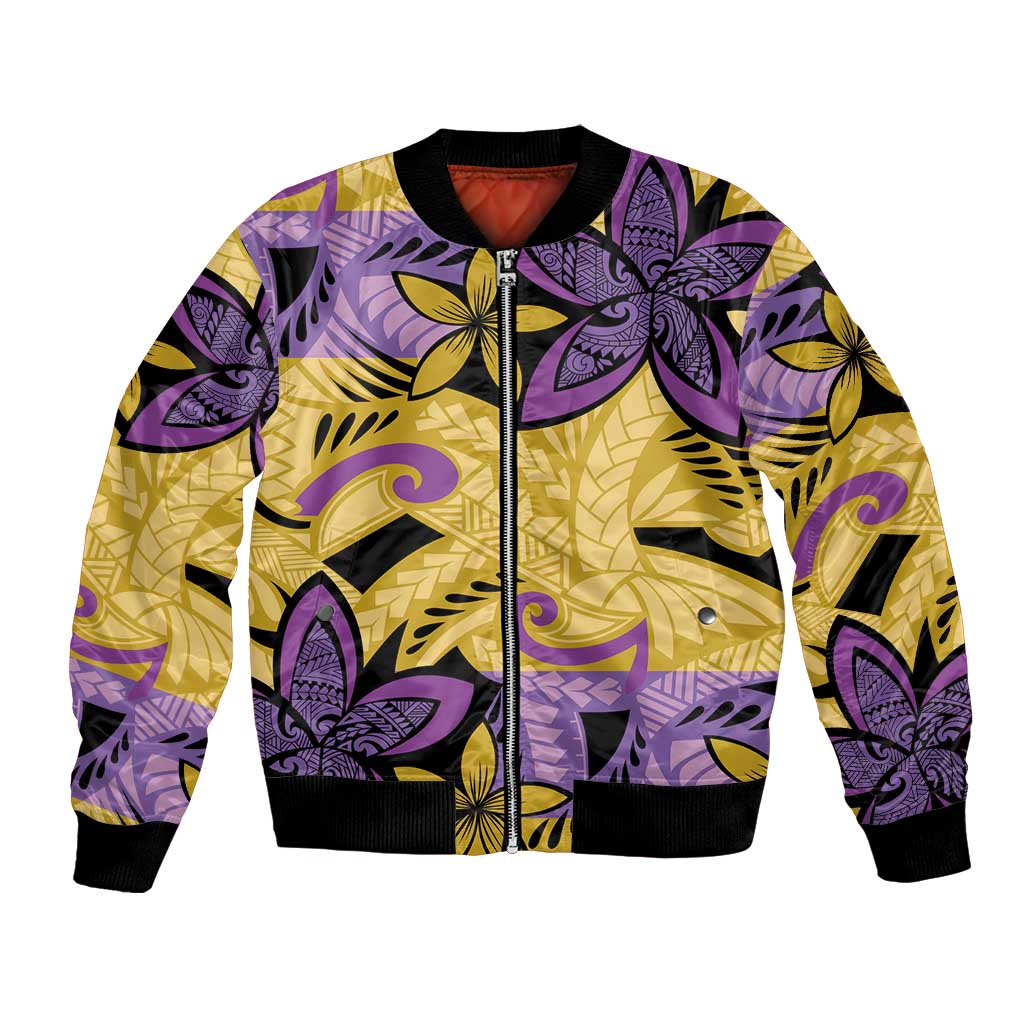 Plumeria Polynesian Pattern Bomber Jacket Unique Fantasy Yellow Purple LT01 Unisex Yellow - Polynesian Pride