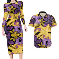 Plumeria Polynesian Pattern Couples Matching Long Sleeve Bodycon Dress and Hawaiian Shirt Unique Fantasy Yellow Purple LT01 Yellow - Polynesian Pride