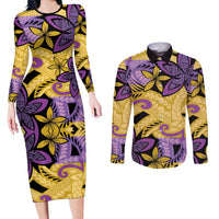 Plumeria Polynesian Pattern Couples Matching Long Sleeve Bodycon Dress and Long Sleeve Button Shirt Unique Fantasy Yellow Purple LT01 Yellow - Polynesian Pride