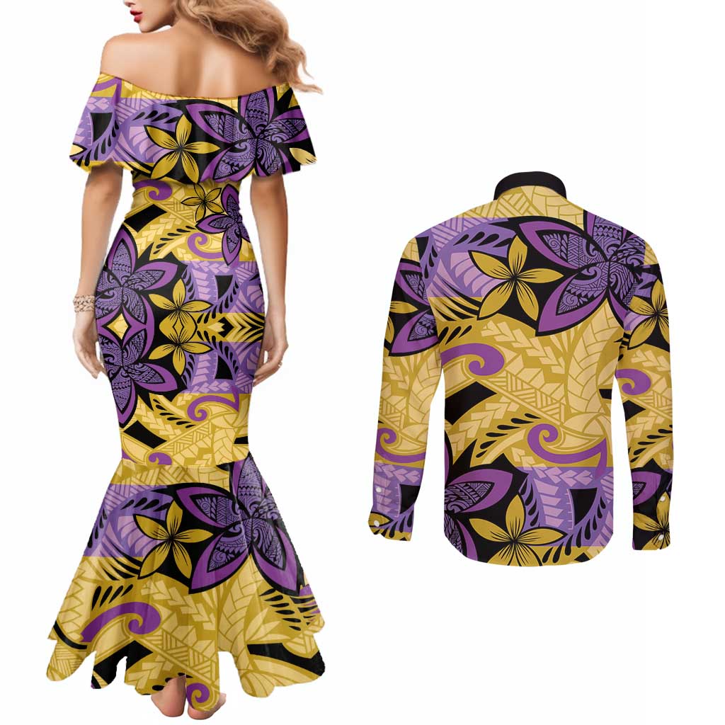 Plumeria Polynesian Pattern Couples Matching Mermaid Dress and Long Sleeve Button Shirt Unique Fantasy Yellow Purple LT01 - Polynesian Pride