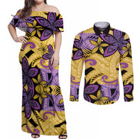 Plumeria Polynesian Pattern Couples Matching Off Shoulder Maxi Dress and Long Sleeve Button Shirt Unique Fantasy Yellow Purple
