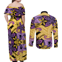Plumeria Polynesian Pattern Couples Matching Off Shoulder Maxi Dress and Long Sleeve Button Shirt Unique Fantasy Yellow Purple