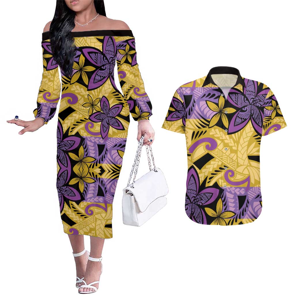 Plumeria Polynesian Pattern Couples Matching Off The Shoulder Long Sleeve Dress and Hawaiian Shirt Unique Fantasy Yellow Purple