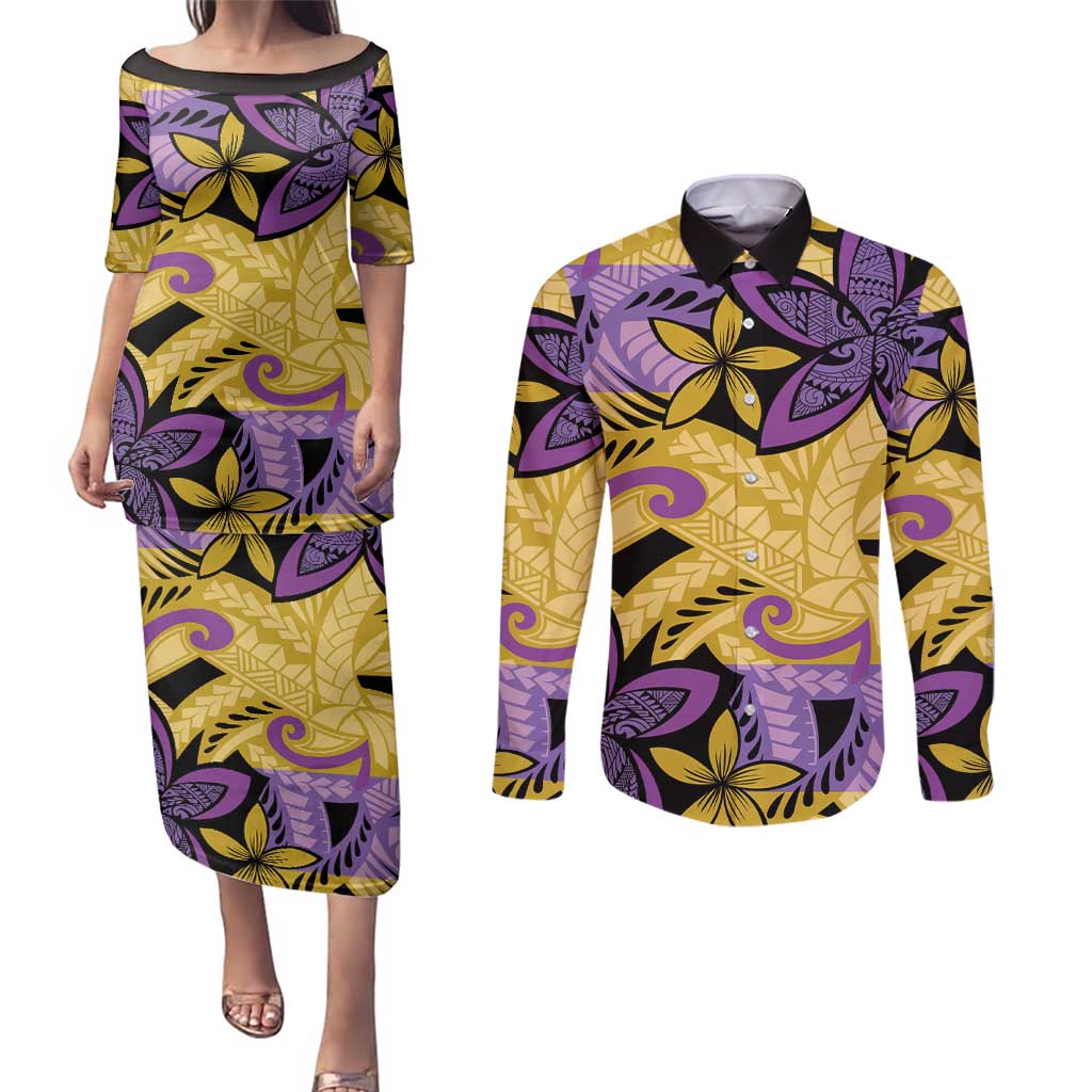 Plumeria Polynesian Pattern Couples Matching Puletasi and Long Sleeve Button Shirt Unique Fantasy Yellow Purple LT01 Yellow - Polynesian Pride